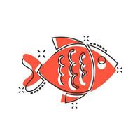 icono de signo de pescado en estilo cómico. ilustración de dibujos animados de vector de pez dorado sobre fondo blanco aislado. efecto de salpicadura del concepto de negocio de mariscos.