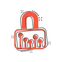 Cyber security icon in comic style. Padlock locked vector cartoon illustration on white isolated background. Closed password business concept splash effect.