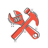 Wrench and screwdriver icon in comic style. Spanner key cartoon vector illustration on white isolated background. Repair equipment splash effect business concept.