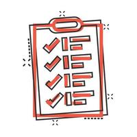 To do list icon in comic style. Document checklist cartoon vector illustration on white isolated background. Notepad check mark splash effect business concept.