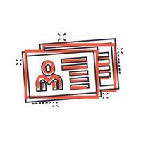 Resume icon in comic style. Contract document cartoon vector illustration on white isolated background. Paper notepad splash effect business concept.