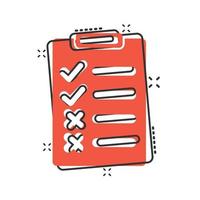 Document checklist icon in comic style. Report cartoon vector illustration on white isolated background. Paper sheet splash effect business concept.