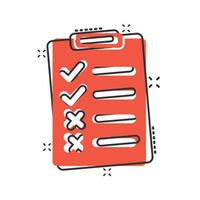 Document checklist icon in comic style. Report cartoon vector illustration on white isolated background. Paper sheet splash effect business concept.