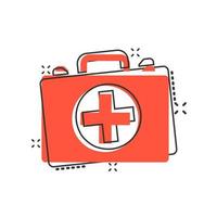 First aid kit icon in comic style. Health, help and medical diagnostics vector cartoon illustration on white isolated background. Doctor bag business concept splash effect.