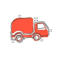 icono de signo de camión de reparto en estilo cómico. furgoneta vector ilustración de dibujos animados sobre fondo blanco aislado. efecto de salpicadura de concepto de negocio de coche de carga.