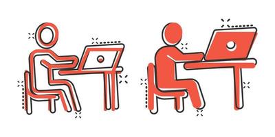 People with laptop computer icon in comic style. Pc user cartoon vector illustration on white isolated background. Office manager splash effect business concept.