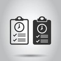 Document witch clock icon in flat style. Checklist survey vector illustration on white isolated background. Fast service business concept.