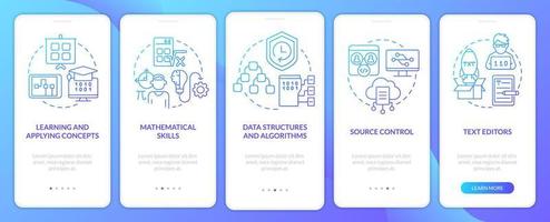 Program development skills blue gradient onboarding mobile app screen. Walkthrough 5 steps graphic instructions pages with linear concepts. UI, UX, GUI template vector