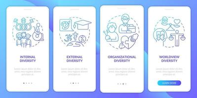 Workplace diversity blue gradient onboarding mobile app screen. Corporate walkthrough 4 steps graphic instructions with linear concepts. UI, UX, GUI template vector