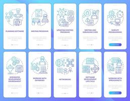 Programmer skills blue gradient onboarding mobile app screen set. Walkthrough 5 steps graphic instructions pages with linear concepts. UI, UX, GUI template vector