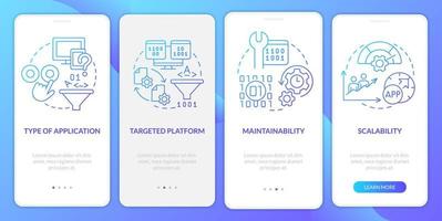 Programing language choice criteria blue gradient onboarding mobile app screen. Walkthrough 4 steps graphic pages with linear concepts. UI, UX, GUI template vector
