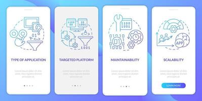 Programing language choice criteria blue gradient onboarding mobile app screen. Walkthrough 4 steps graphic pages with linear concepts. UI, UX, GUI template vector