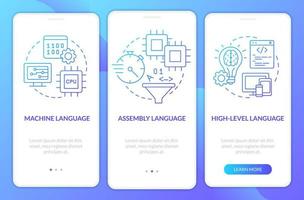 Types of computer languages blue gradient onboarding mobile app screen. Walkthrough 3 steps graphic instructions pages with linear concepts. UI, UX, GUI template vector