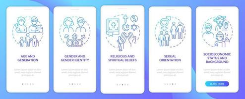 Types of diversity blue gradient onboarding mobile app screen. Differences walkthrough 5 steps graphic instructions with linear concepts. UI, UX, GUI template vector