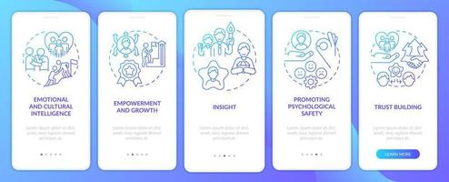 Traits of inclusive leaders blue gradient onboarding mobile app screen. Walkthrough 5 steps graphic instructions with linear concepts. UI, UX, GUI template vector