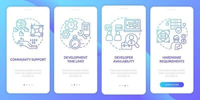 Programing language selection criteria blue gradient onboarding mobile app screen. Walkthrough 4 steps graphic pages with linear concepts. UI, UX, GUI template vector