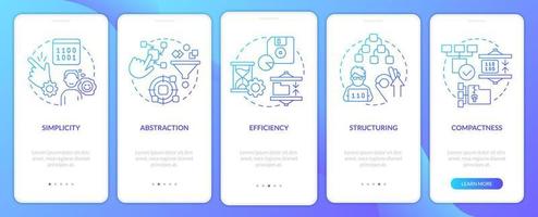 Features of programming languages blue gradient onboarding mobile app screen. Walkthrough 5 steps graphic instructions with linear concepts. UI, UX, GUI template vector