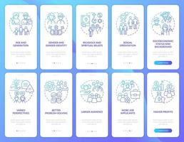 Diversity and inclusion blue gradient onboarding mobile app screen set. Walkthrough 5 steps graphic instructions with linear concepts. UI, UX, GUI template vector