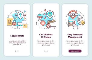 Advantages of digital identity onboarding mobile app screen. System walkthrough 4 steps editable graphic instructions with linear concepts. UI, UX, GUI template vector