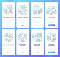 Programming language choice blue gradient onboarding mobile app screen set. Walkthrough 5 steps graphic instructions with linear concepts. UI, UX, GUI template vector