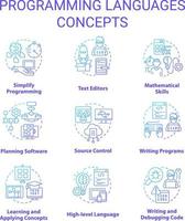 Programming languages blue gradient concept icons set. Writing code. Computer science idea thin line color illustrations. Isolated symbols vector