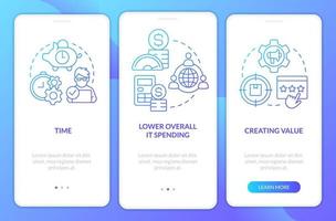 IT outsourcing advantages blue gradient onboarding mobile app screen. Walkthrough 3 steps graphic instructions with linear concepts. UI, UX, GUI template vector