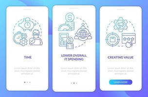 eso outsourcing ventajas azul degradado inducción móvil aplicación pantalla. recorrido 3 pasos gráfico instrucciones con lineal conceptos. ui, ux, gui modelo vector