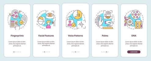 Biometric technology onboarding mobile app screen. Digital identity walkthrough 5 steps editable graphic instructions with linear concepts. UI, UX, GUI template vector