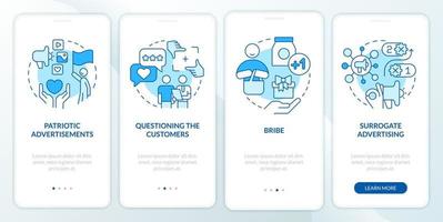 Common advertising approaches blue onboarding mobile app screen. Walkthrough 4 steps editable graphic instructions with linear concepts. UI, UX, GUI template vector