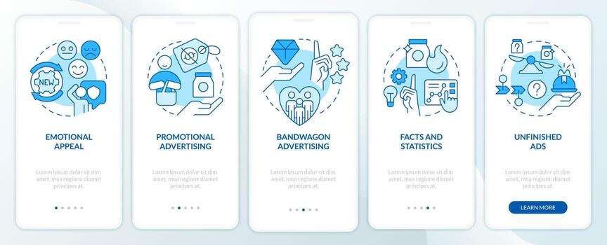 publicidad estrategias en márketing azul inducción móvil aplicación pantalla. recorrido 5 5 pasos editable gráfico instrucciones con lineal conceptos. ui, ux, gui modelo vector