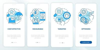 Digital advertising pros blue onboarding mobile app screen. Promotion walkthrough 4 steps editable graphic instructions with linear concepts. UI, UX, GUI template vector