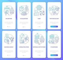 Funding assistance for startups blue gradient onboarding mobile app screen set. Walkthrough 4 steps graphic instructions with linear concepts. UI, UX, GUI template vector