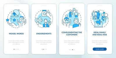 Advertisement campaign elements blue onboarding mobile app screen. Walkthrough 4 steps editable graphic instructions with linear concepts. UI, UX, GUI template vector