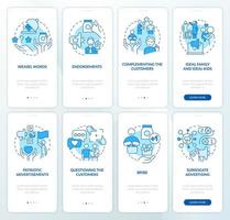 Advertising strategies blue onboarding mobile app screen set. Walkthrough 5 steps editable graphic instructions with linear concepts. UI, UX, GUI template vector