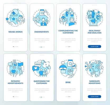 Advertising strategies blue onboarding mobile app screen set. Walkthrough 5 steps editable graphic instructions with linear concepts. UI, UX, GUI template