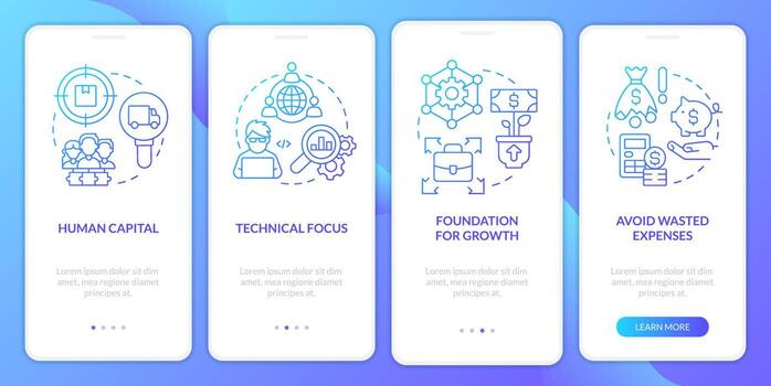 Startup needs consulting service blue gradient onboarding mobile app screen. Walkthrough 4 steps graphic instructions with linear concepts. UI, UX, GUI template vector