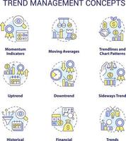 Trend management concept icons set. Tendencies analysing process. Business strategy idea thin line color illustrations. Isolated symbols. Editable stroke vector