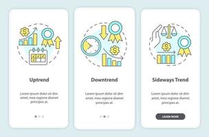 Types of trends onboarding mobile app screen. Stock market walkthrough 3 steps editable graphic instructions with linear concepts. UI, UX, GUI template vector