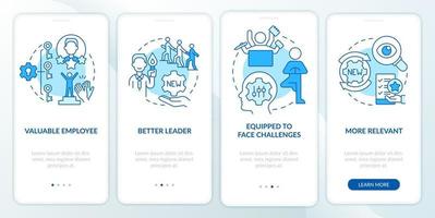 Benefits of workplace adaptability blue onboarding mobile app screen. Walkthrough 4 steps editable graphic instructions with linear concepts. UI, UX, GUI template vector