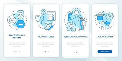Barriers to change management blue onboarding mobile app screen. Walkthrough 4 steps editable graphic instructions with linear concepts. UI, UX, GUI template vector