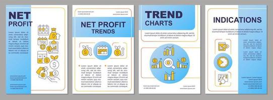 Net profit trends in trading blue brochure template. Stock market. Leaflet design with linear icons. Editable 4 vector layouts for presentation, annual reports