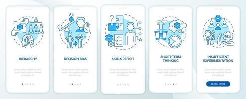 Adaptability enemies in HR blue onboarding mobile app screen. Walkthrough 5 steps editable graphic instructions with linear concepts. UI, UX, GUI template vector