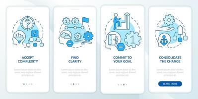 Adaptation to complex change blue onboarding mobile app screen. Skills walkthrough 4 steps editable graphic instructions with linear concepts. UI, UX, GUI template vector