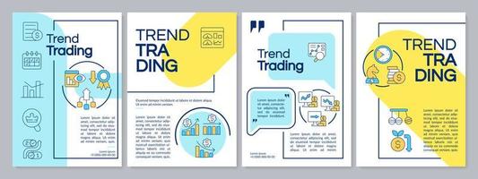 Trend trading blue and yellow brochure template. Market analysing. Leaflet design with linear icons. Editable 4 vector layouts for presentation, annual reports