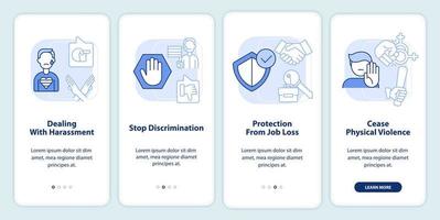 Dealing with lgbt issues light blue onboarding mobile app screen. Walkthrough 4 steps editable graphic instructions with linear concepts. UI, UX, GUI template vector