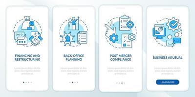 Business merger stages blue onboarding mobile app screen. Corporate walkthrough 4 steps editable graphic instructions with linear concepts. UI, UX, GUI template vector