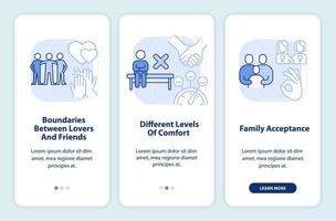 Issues within LGBT couples light blue onboarding mobile app screen. Walkthrough 3 steps editable graphic instructions with linear concepts. UI, UX, GUI template vector