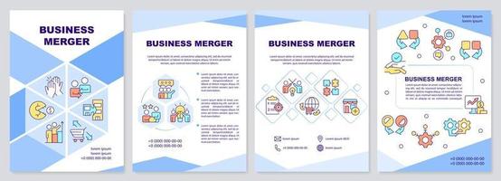 Business merger blue brochure template. Consolidation. Leaflet design with linear icons. Editable 4 vector layouts for presentation, annual reports