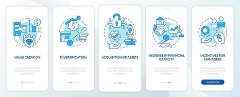 Motives for mergers blue onboarding mobile app screen. Consolidation walkthrough 5 steps editable graphic instructions with linear concepts. UI, UX, GUI template vector