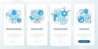 Brand consolidation strategies blue onboarding mobile app screen. Walkthrough 4 steps editable graphic instructions with linear concepts. UI, UX, GUI template vector